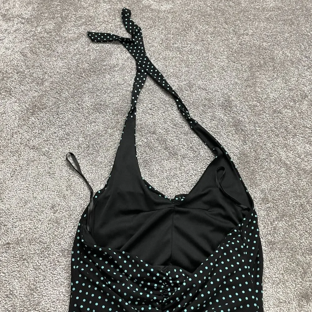 AGB Dress Womens 12 Black Polka Polyester Short Halter Backless Stretch A Line